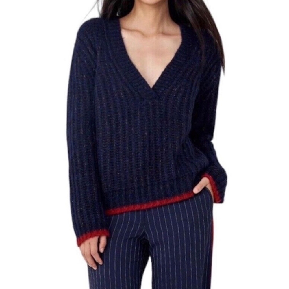 La Ligne Women's Navy Blue Alpaca Wool Blend Fuzzy Wuzzy V-Neck Sweater size S
